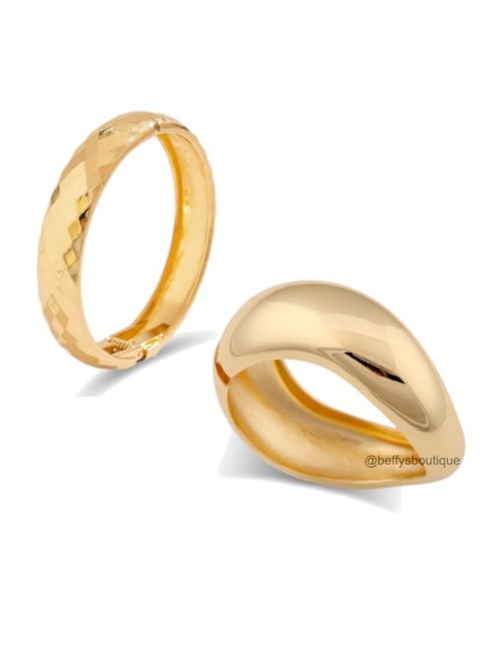 2 Pc 14K Gold Plated Stainless Steel Cuff Bracelet Set Stackable Textured Smooth